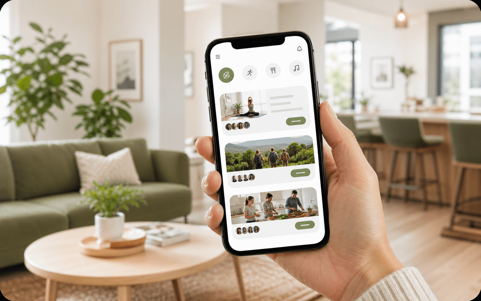 Hand holding a phone showing apartment community interest groups