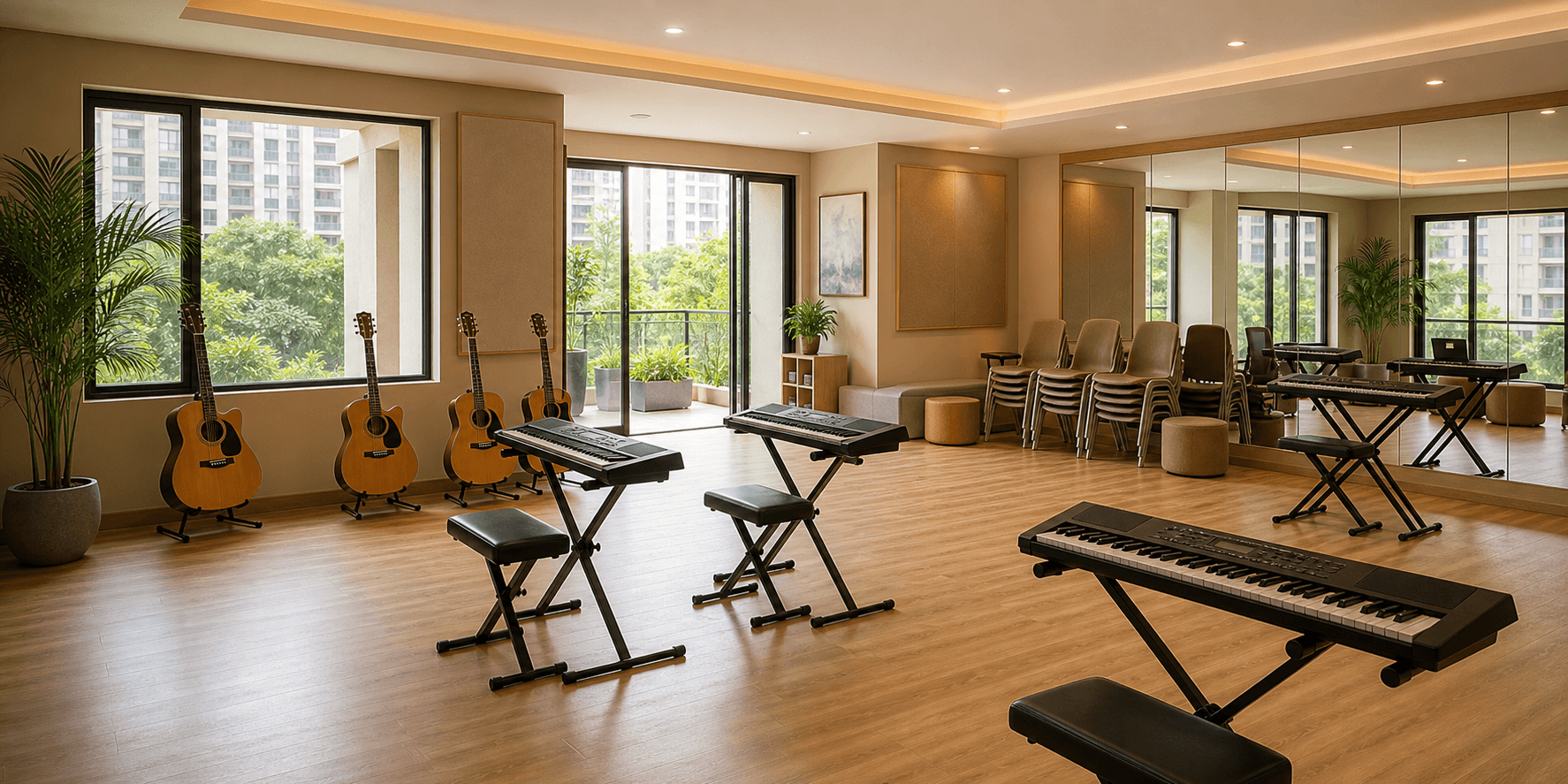 Apartment clubhouse music room with keyboards, guitars, and flexible class seating