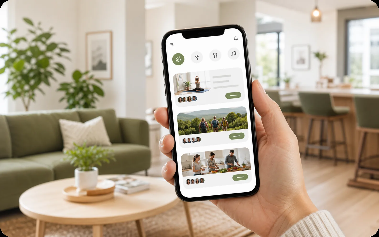 Hand holding a phone showing apartment community interest groups